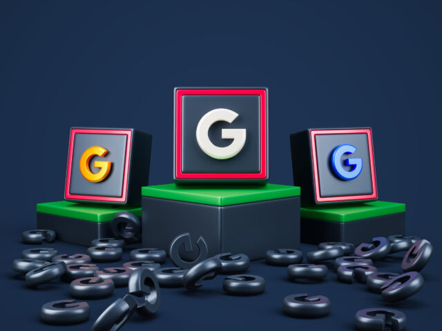 Google sign on podium stage with blue background